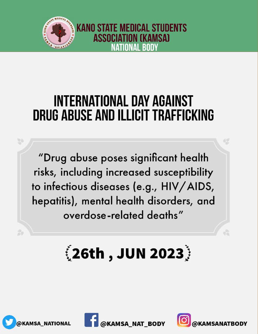 Happy international day against drug abuse!
#drugabuse #drugabuseawareness
#internationaldayagainstdrugabuseandillicittraffickin g #nma #kamsa #health #saynotodrugs #kamsa2023 #kamsanation #kamsanationalbody