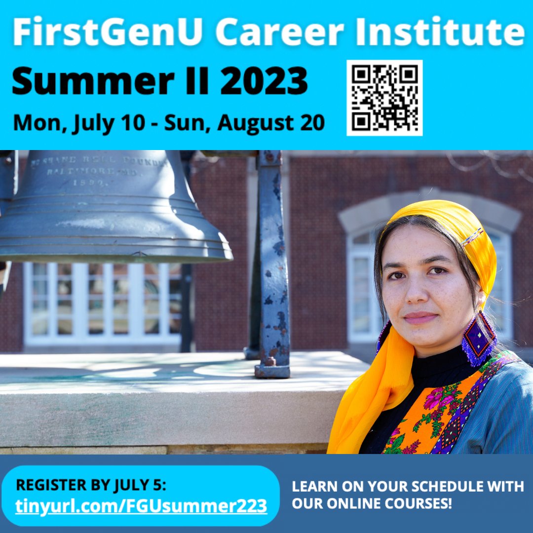 McDanielCEO's tweet photo. Registration  for FirstGenU Career Institute: Summer II is open! This is a FREE six-week virtual program that helps  first-generation college students prepare to build a network, find an internship, and land that first job. Register by July 5th: https://t.co/6qOpGfNY4i #mcdaniel https://t.co/rQHl6U34vD