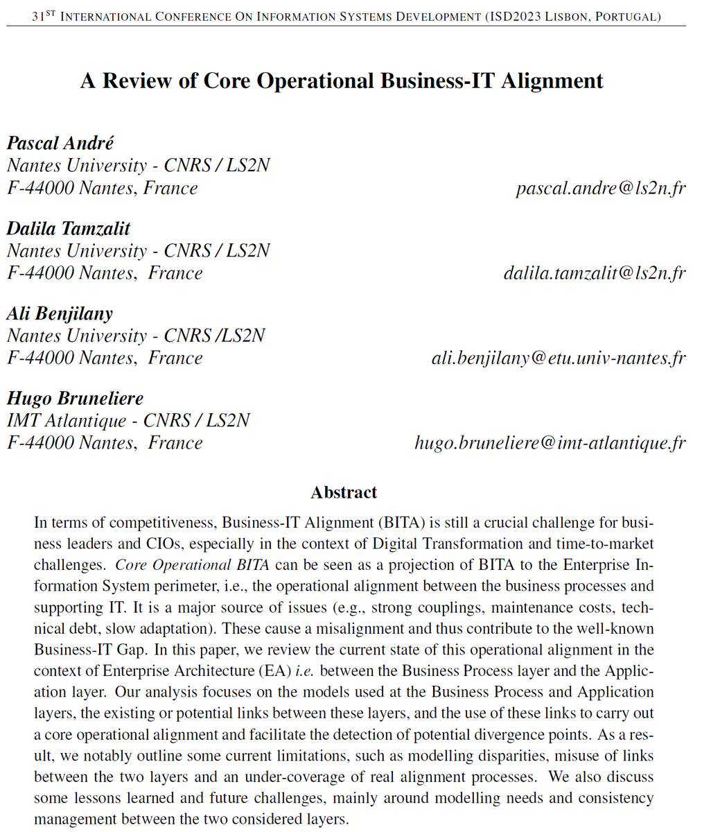 Very happy to share our paper  "A Review of Core Operational Business-IT Alignment" w. Pascal André, <a href="/DTamzalit/">Dalila Tamzalit</a> &amp; <a href="/AliBenjilany/">Ali Benjilany</a>, to be published/presented at <a href="/isdconf/">ISD Conference</a> 2023!
Preprint hal.science/hal-04140806
<a href="/NantesUniv/">Nantes Université</a> @LaboLS2N <a href="/naomod_team/">Naomod</a> <a href="/IMTAtlantique/">IMT Atlantique</a>