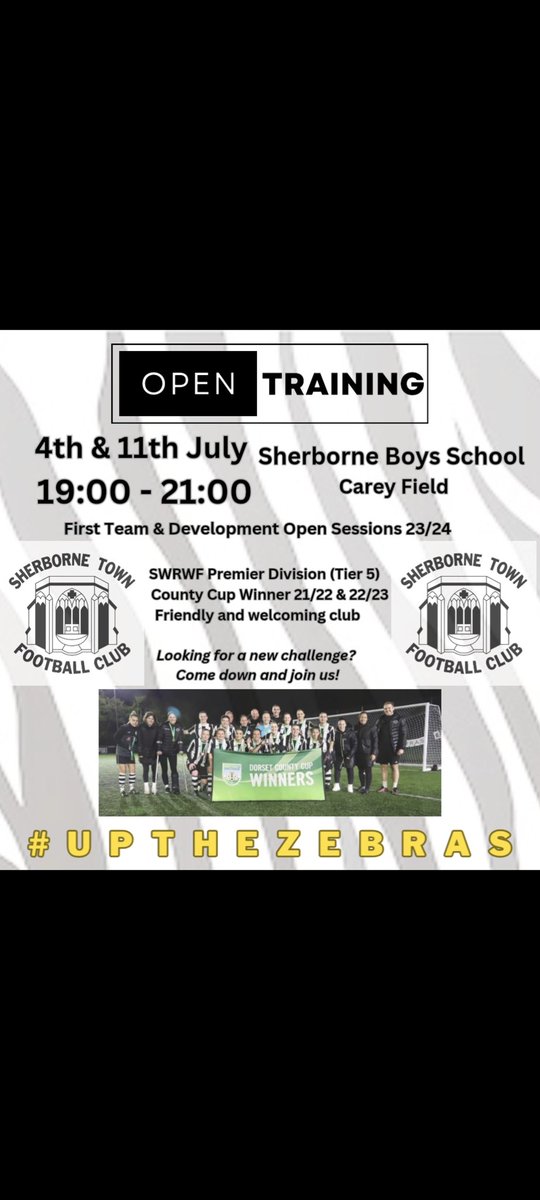 📢 OPEN TRAINING 📢
With our first open training session being only a week away, there is still time to register and come along 🦓🖤 #upthezebras
<a href="/wssmagnews/">Women's Soccer Scene</a> <a href="/trials_uk/">Girls Football Trials UK</a> <a href="/swwfl/">SWRWFL Official</a> <a href="/DorsetCFA/">Dorset County Football Association</a> @WoSoRecruitment