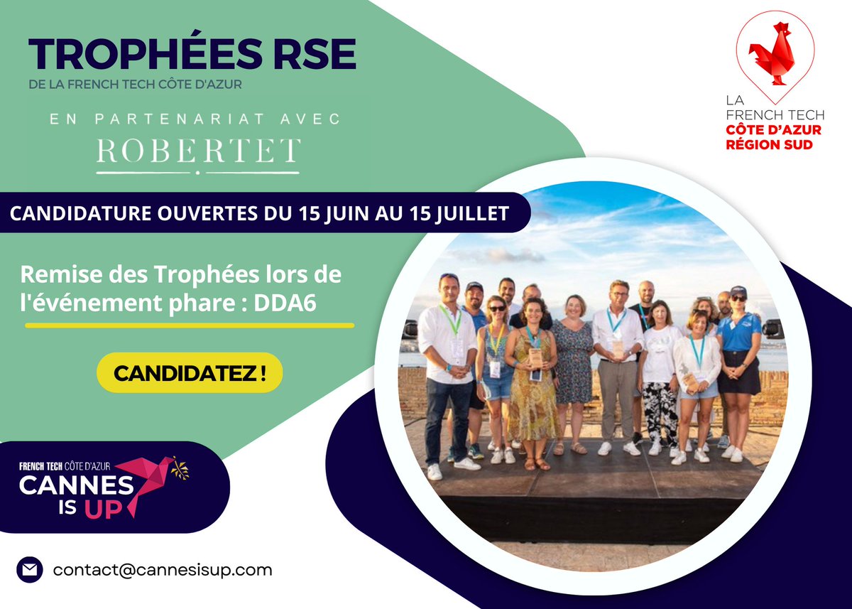 Les Trophées RSE des Startups <a href="/FrenchTechCdA/">French Tech Côte d'Azur Région Sud</a>  reviennent pour une 2ème édition ! 🚀
 
Organisé avec <a href="/Cannesisup/">Cannes Is Up</a> en partenariat avec <a href="/Robertet_Group/">Robertet Group</a>, les candidatures sont ouvertes jusqu’au 15 juillet, via un formulaire en ligne sur le lien suivant : lnkd.in/edDnCkJm