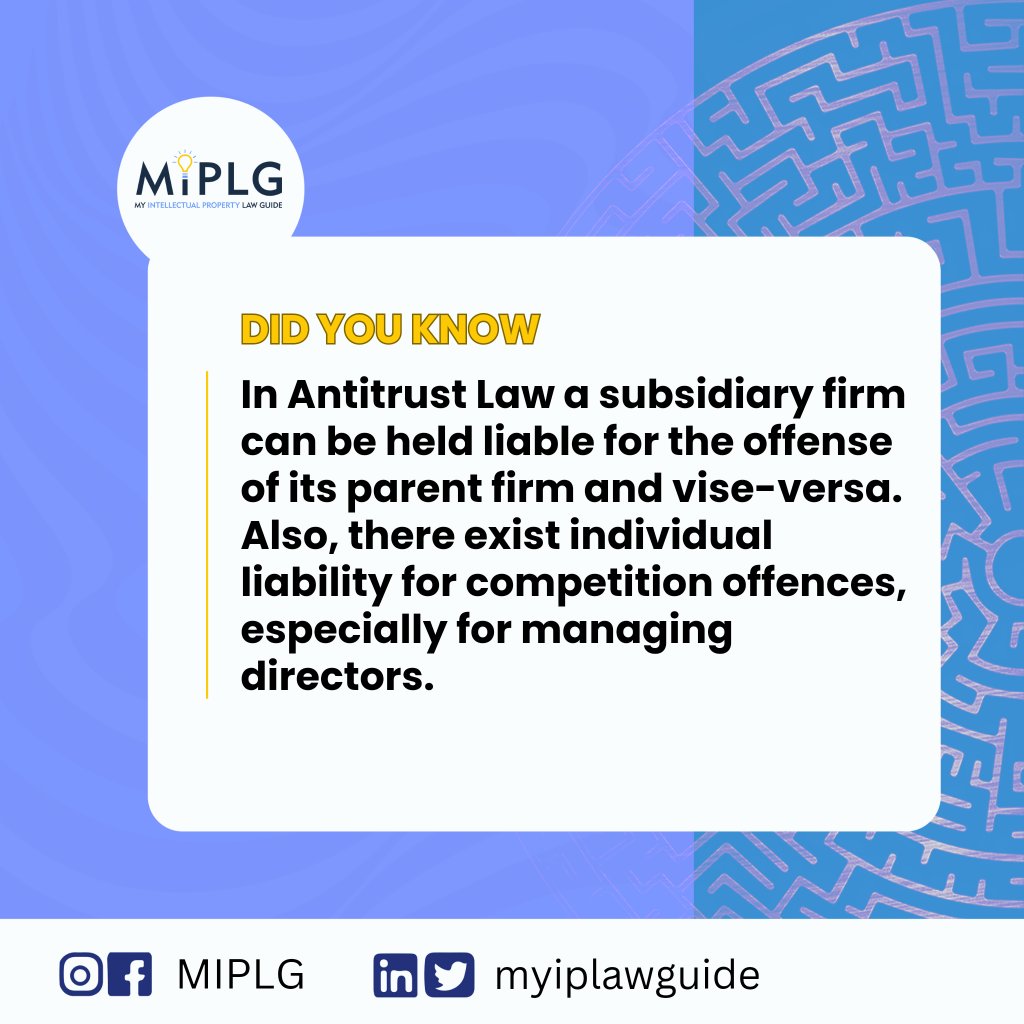 miplg's tweet photo. What does antitrust law says about Subsidiary firm and what are it's liabilities?
Read and Digest what MIPLG has for you💫
#MIPLG
#Intellectualproperty
#competitionlaw
#Iptuesday https://t.co/Mu1QC68V8U