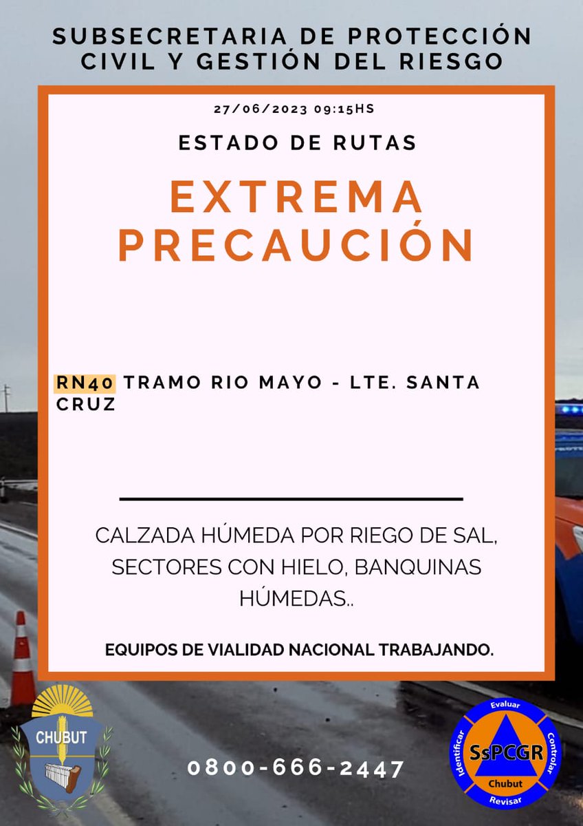 DcChubut's tweet photo. ⚠️ INFORMACIÓN IMPORTANTE ⚠️

🟠 EXTREMA PRECAUCIÓN 🟠

👉 CONSULTE EL ESTADO DE LAS RUTAS A TRANSITAR ANTES DE EMPRENDER VIAJE. https://t.co/8RZalbltbM