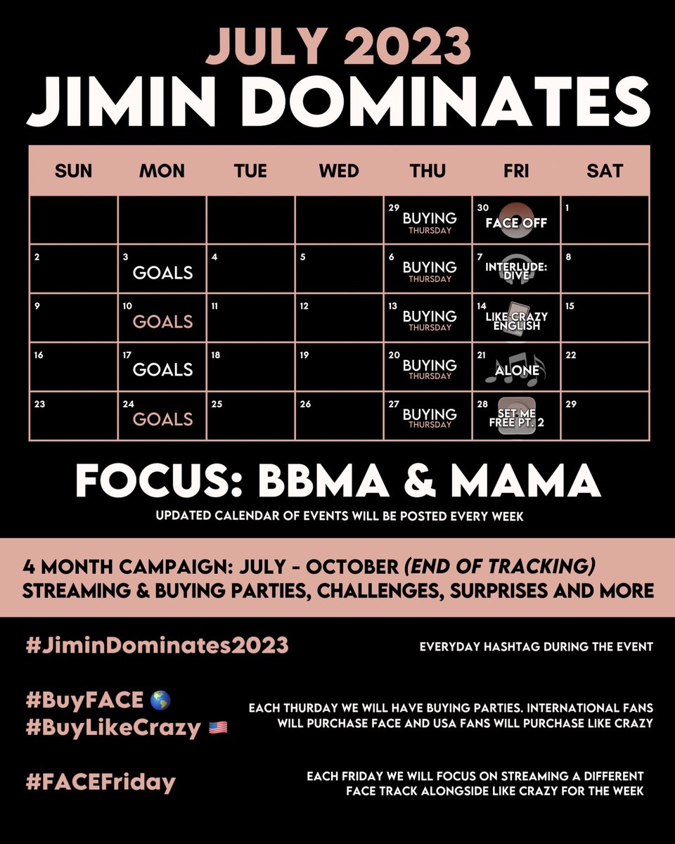 JIMIN DOMINATES 2023 CAMPAIGN CALENDAR

LET’S GET READY!
DONATE-STREAM-BUY

#JiminDominates2023