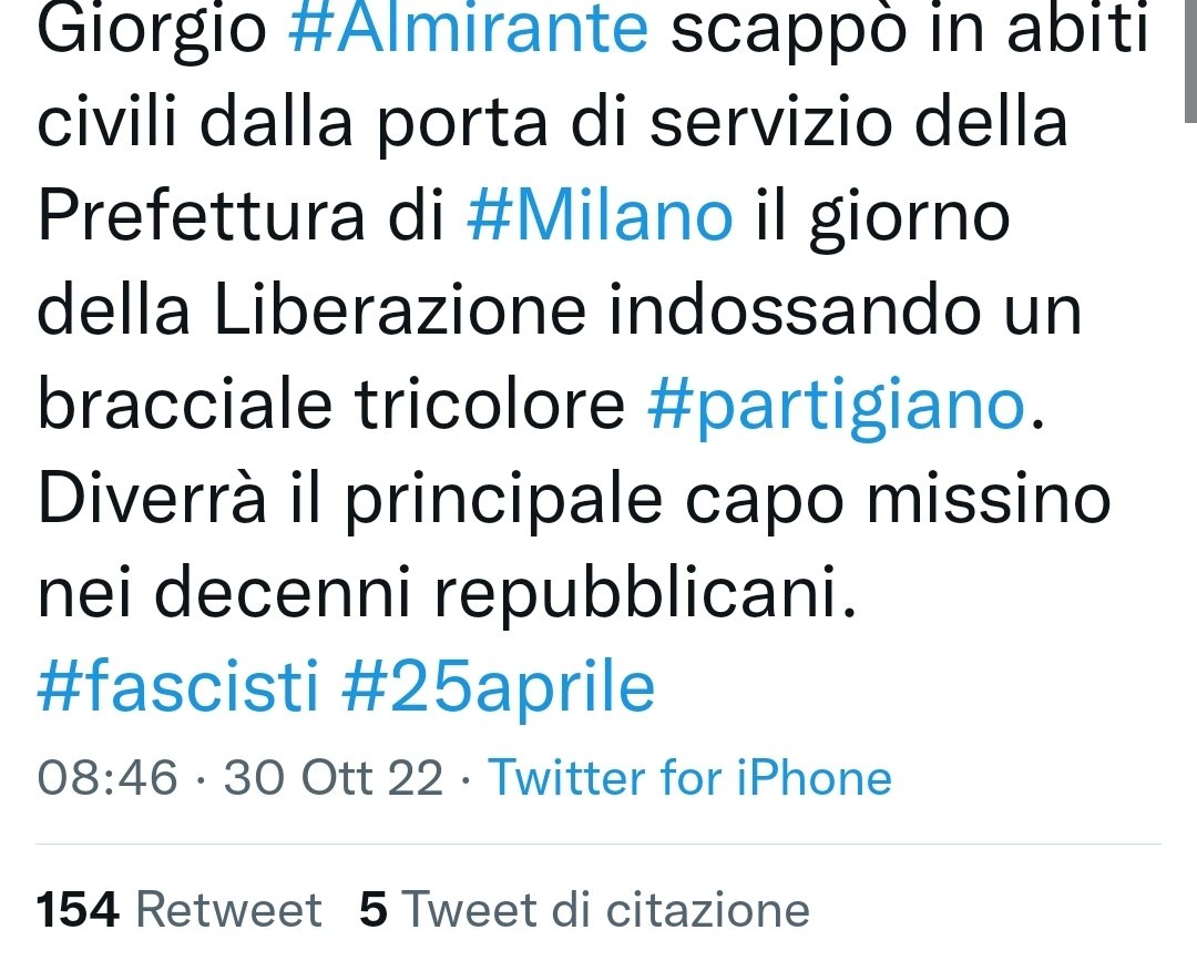 @dantegiumanini Elenca le cose buone che ha fatto in vita prima e dopo il suo travestirsi.
Dopo aver indossato abiti arcobaleno 🌈 fu'graziato dai Patrioti Partigiani antifascisti .
Forse dovrai aggiornare il tuo hard disk interno Dante.
Poi ti inoltro quello del nazifascista stragista Rauti.