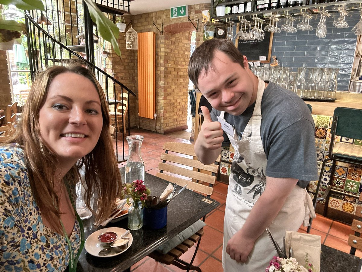 sarah__gilbert's tweet photo. Quick lunchtime sprint to visit @cafevangoghCIC, a not for profit social enterprise, that work with Toucan Employment who provide training for people with learning disabilities - including my friend Aleks! Great to see him at work and a delicious iced oat milk latte! https://t.co/J086U1Sh4E