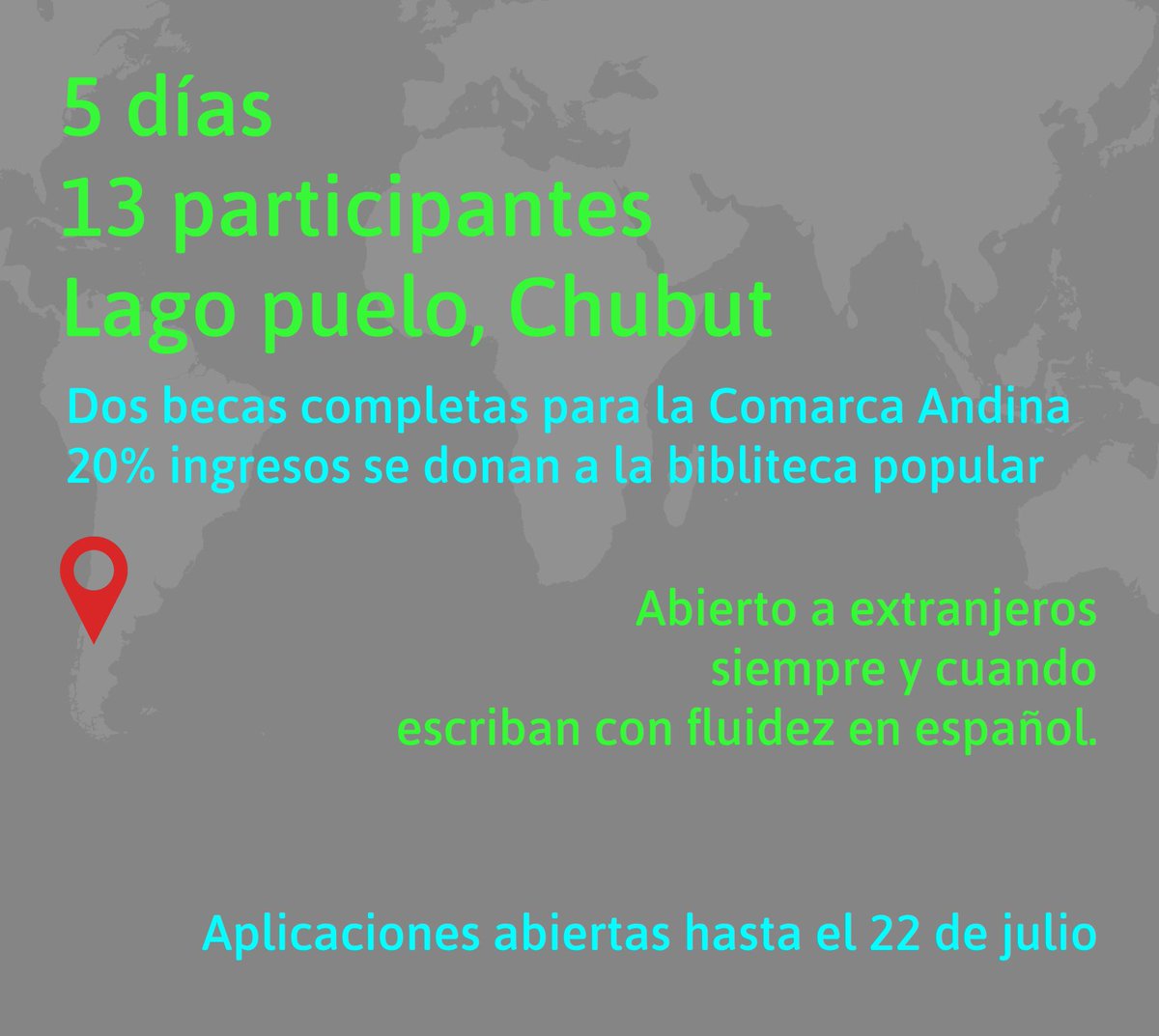 Samanta Schweblin (@sschweblin) on Twitter photo Voy a dar un seminario presencial de escritura y lectura creativa en el paradisíaco Lago Pueblo de Chubut. 14 catorce personas trabajando durante 5 días. Aplicaciones abiertas hasta el 22 de julio. Info: tallerschweblin@gmail.com, y ahí les cuento más. Están todos invitados 🤗 Voy a dar un seminario presencial de escritura y lectura creativa en el paradisíaco Lago Pueblo de Chubut. 14 catorce personas trabajando durante 5 días. Aplicaciones abiertas hasta el 22 de julio. Info: tallerschweblin@gmail.com, y ahí les cuento más. Están todos invitados 🤗