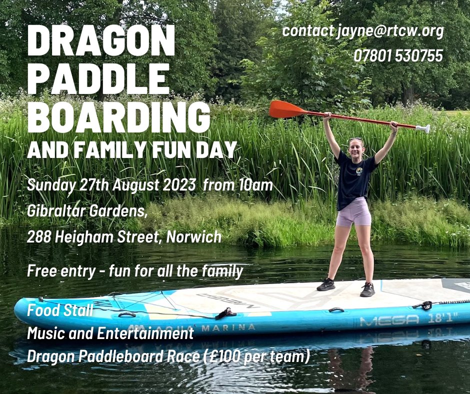 A reminder about the Dragon Paddleboarding Family Fun Day!

A Fun-packed day for all the family on Sunday 27th August 2023 at Gibraltar Gardens, 288 Heigham Street, Norwich from 10am.

Contact Jayne on 07801 530755 or jayne@rtcw.org

#funday #fundraising #norwich #paddleboard