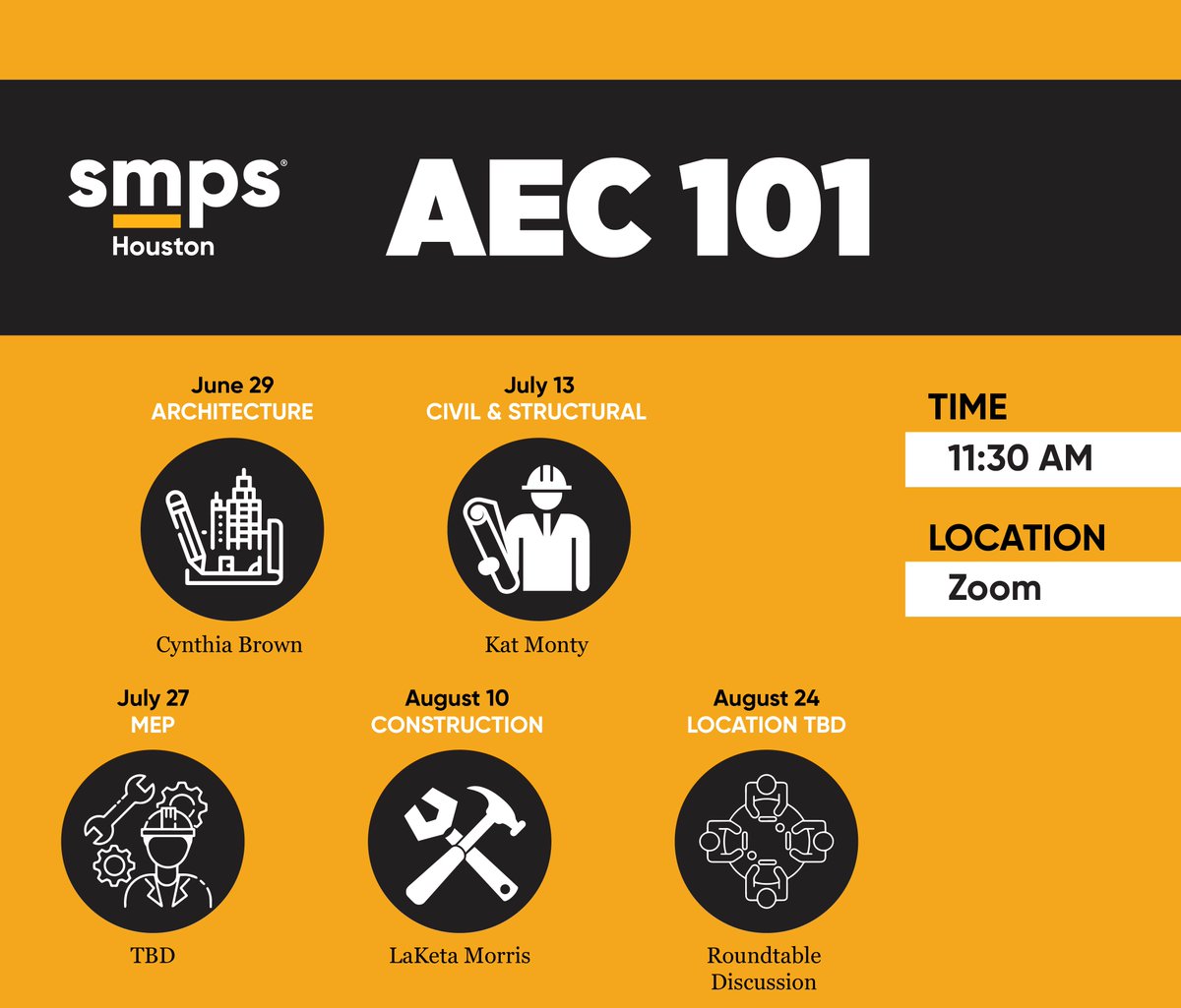 It's back!! Join SMPS Houston for the second annual AEC 101 – a Virtual Education Series! In this series, we will cover need-to-know information about Architecture, Engineering, and Construction. For more info and to register: bit.ly/3JW3XCT