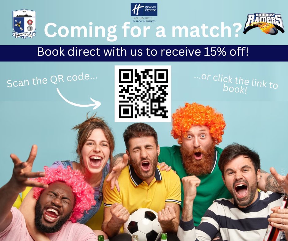 Coming to Barrow for a Match? Book direct to get 15% off your stay! 

Scan the QR code below or click here to book 👉🏼 bit.ly/Barrow-Match ⚽️🏉

#BarrowAFC #BarrowRaiders #BarrowinFurness #MatchDay