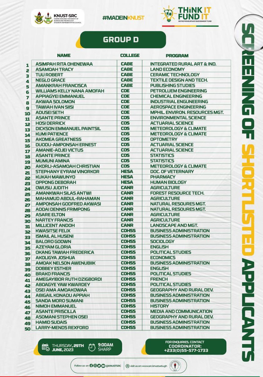 knust_src's tweet photo. LIST OF SHORTLISTED APPLICANTS FOR THE ENTREPRENEURSHIP ENDOWMENT FUND📌

#ThinkItFundIt
#MadeInKNUST https://t.co/V2OY4HLw8H