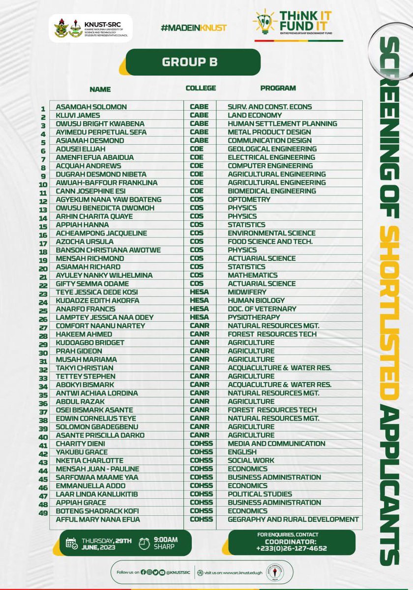 knust_src's tweet photo. LIST OF SHORTLISTED APPLICANTS FOR THE ENTREPRENEURSHIP ENDOWMENT FUND📌

#ThinkItFundIt
#MadeInKNUST https://t.co/V2OY4HLw8H