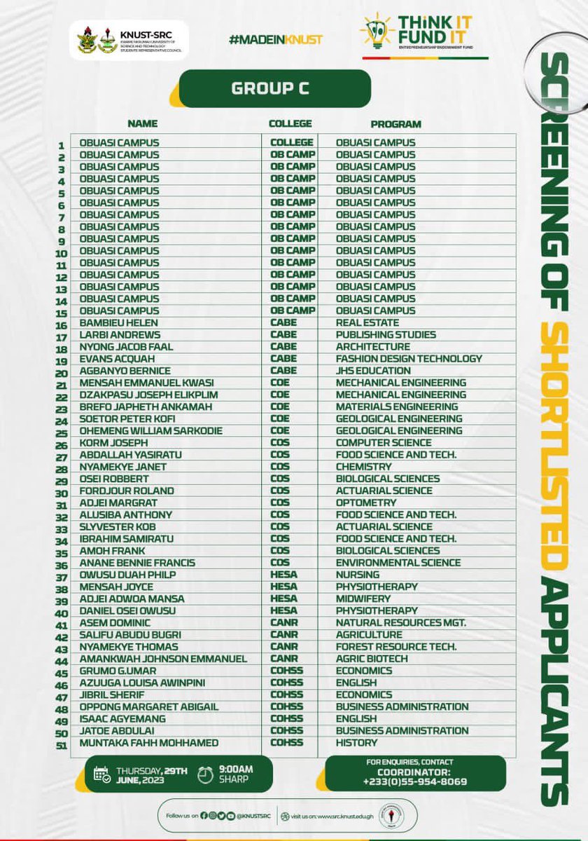 knust_src's tweet photo. LIST OF SHORTLISTED APPLICANTS FOR THE ENTREPRENEURSHIP ENDOWMENT FUND📌

#ThinkItFundIt
#MadeInKNUST https://t.co/V2OY4HLw8H