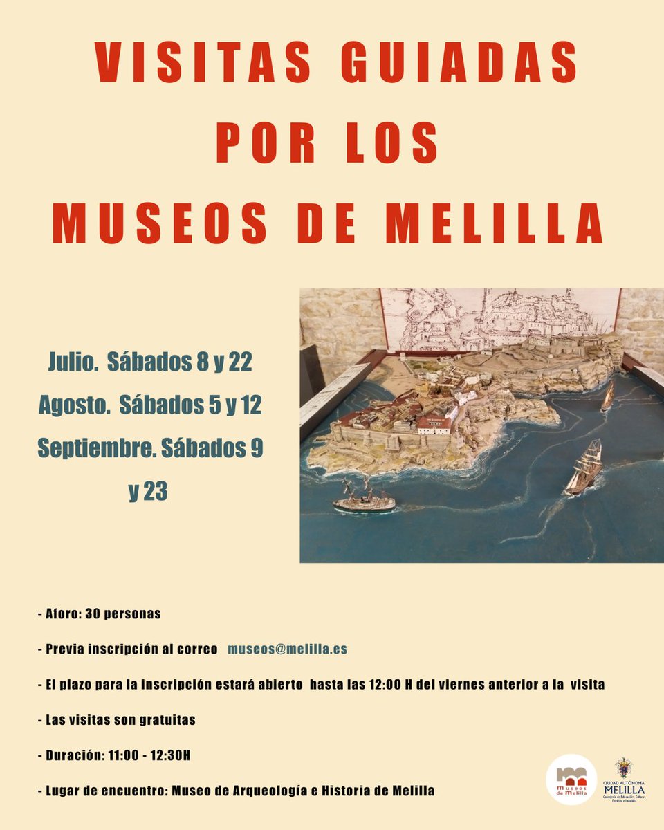 MuseosdeMelilla's tweet photo. Nuevas visitas guiadas por los Museos de Melilla.
⏺ Julio, 8 y 22
⏺ Agosto, 5 y 12
⏺ Septiembre, 9 y 23
Totalmente gratuitas previa inscripción en museos@melilla.es
Museo de Arqueología e Historia de Melilla.
#visitas #guiadas #Melilla @l_circe https://t.co/OT40bIKt3f