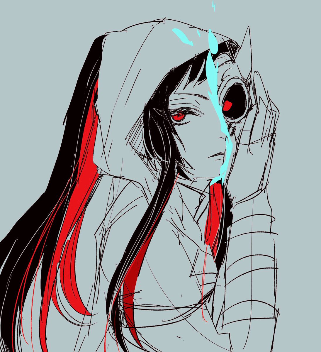 red eyes solo 1girl mask hood hood up long hair  illustration images