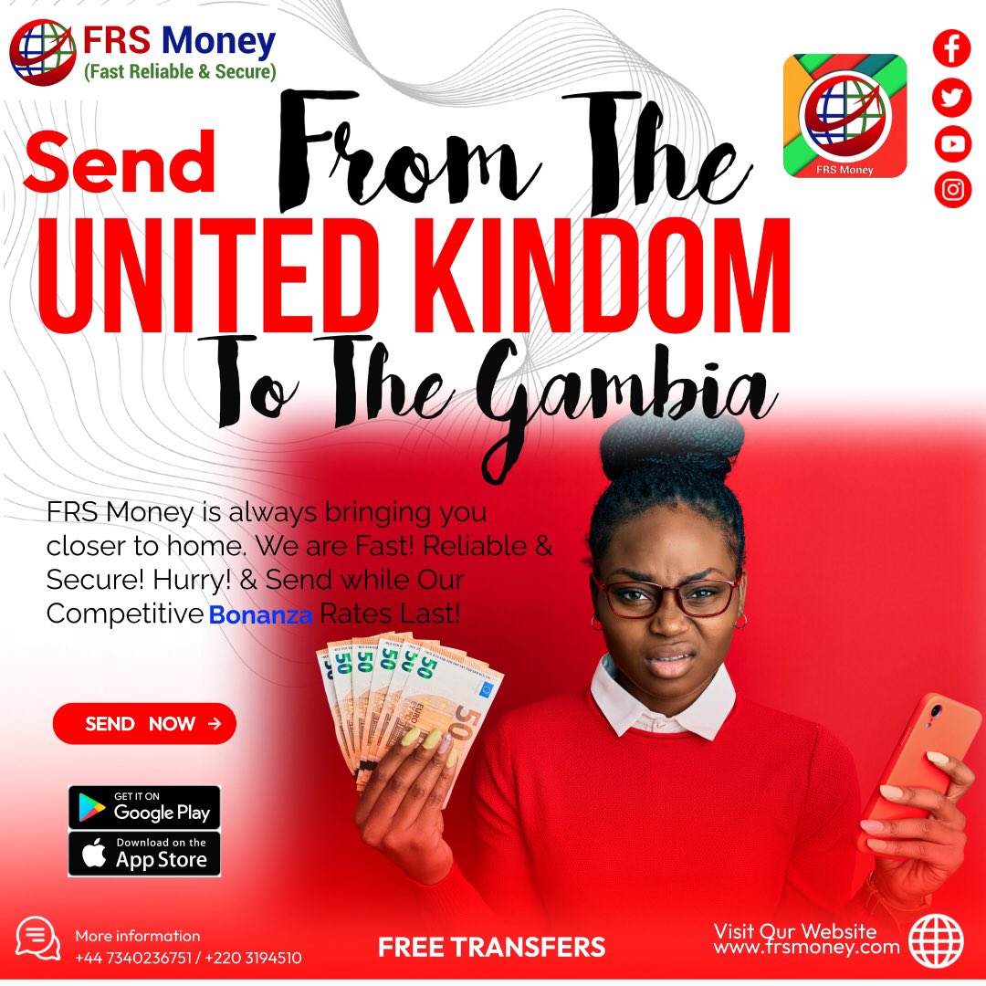 FRS_Money's tweet photo. Send money conveniently from the UK to The Gambia with FRS Money. We are Fast! Reliable! &amp; Secure! 
Download Our App today &amp; let’s get you closer to home. 
SEND FOR FREE 
#frsmoney #gambia #remittance #sendmoney #downloadapp https://t.co/l8rehdMycd