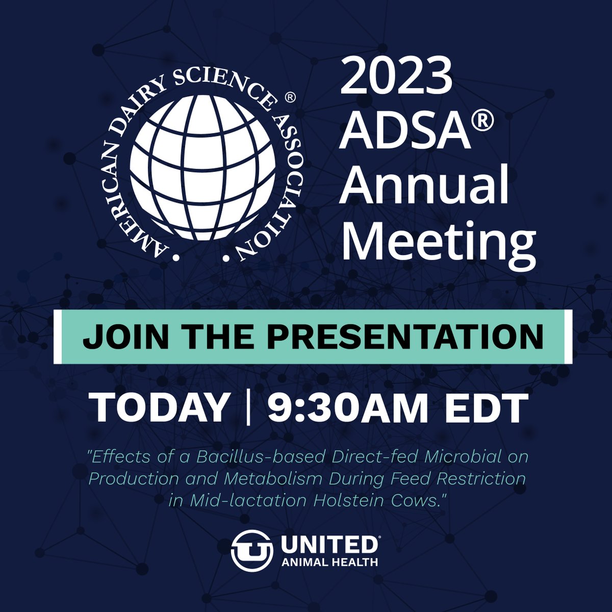 unitedanh's tweet photo. π£ Starting Soon: Join Brady Goetz, Ph.D. Candidate, at the @ADSAorg Annual Meeting today at 9:30am EDT in Shaw Centre 205, and learn more about Strateris, our Bacillus-based direct-fed microbial dairy product.
#directfedmicrobials #strateris #adsa2023 #adsa23 https://t.co/3mnS2oimIx