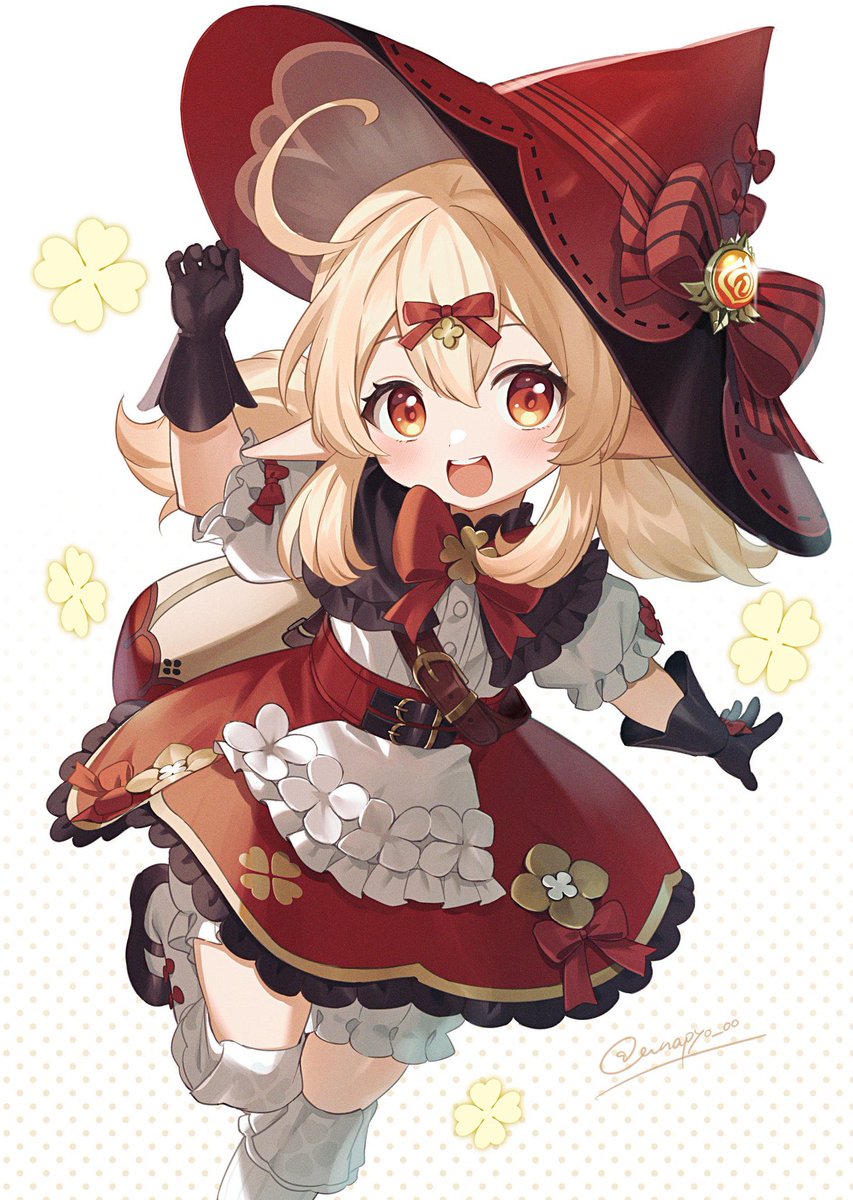 klee (genshin impact) 1girl hat solo gloves witch hat pointy ears twintails  illustration images