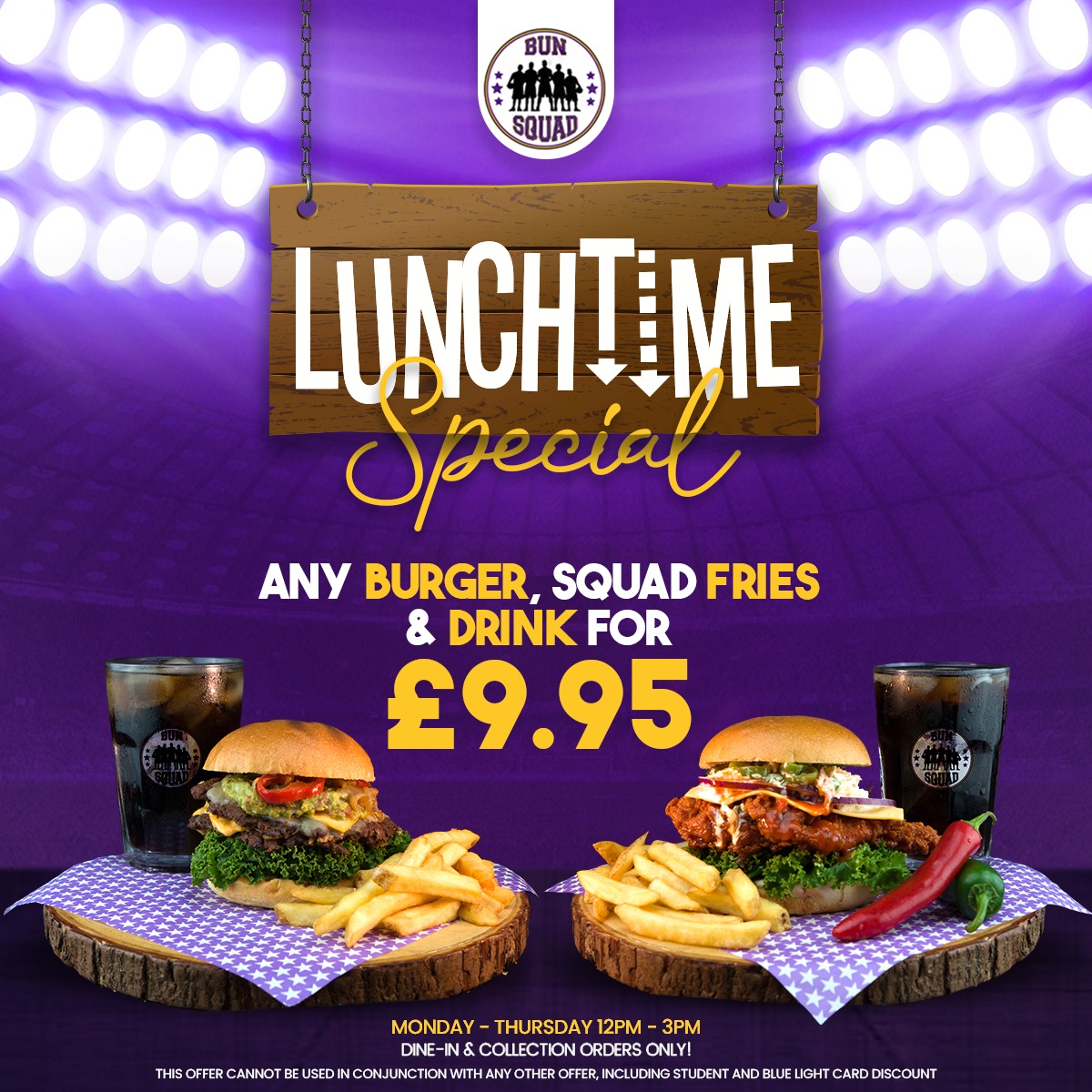 Come and grab our lunchtime special between 12pm - 3pm Monday - Thursday. Dine-in and collection orders only

bunsquad.co.uk

#highwycombe #hellomywycombe #burgers #LunchtimeSpecial #GrabAndGo #DineInOnly #CollectionOrders #MondaytoThursday #DeliciousDeals #QuickBite