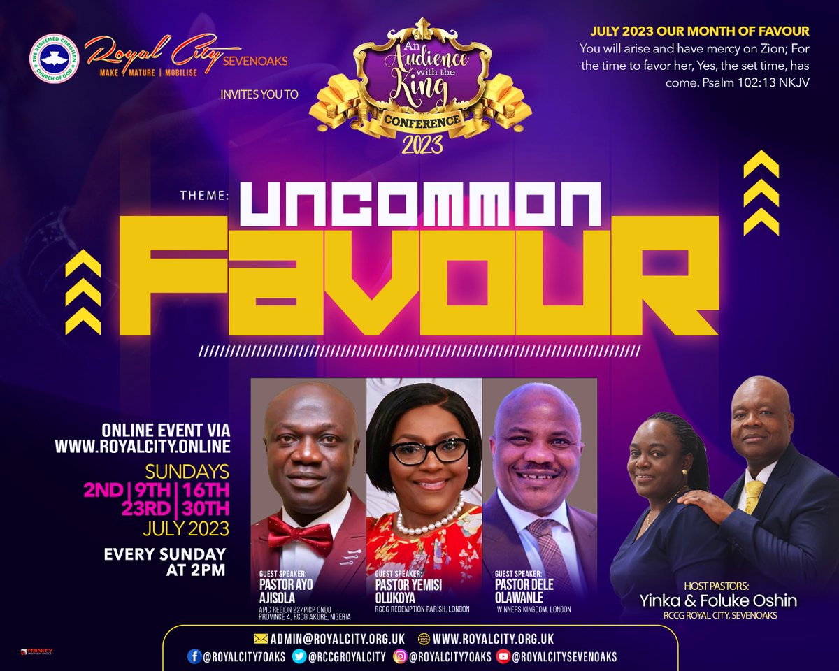 RCCGRoyalCity's tweet image. You are specially invited to An Audience with the King Conference 2023 with the theme #UncommonFavour on all Sundays in July 2023 @ 2pm, join us as we encounter our King to release His favour for growth, progress and help to receive a turnaround...
royalcity.online