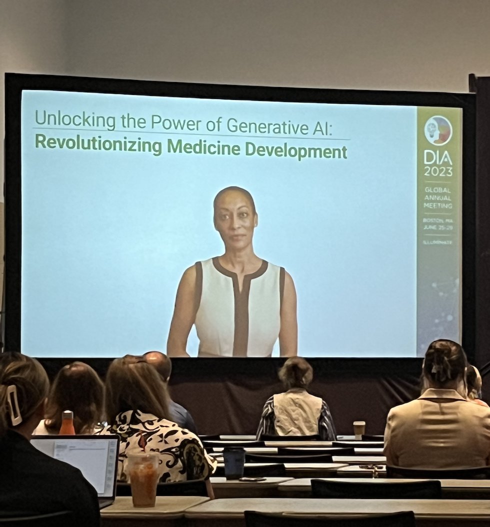 Start of #DIA2023 day 2 and we're watching a video created by generative #AI with Evelyn, the AI generated avatar presenting her AI generated content. She's presenting the pros and cons of using AI.
 
#Cool, isn't it?

<a href="/DrugInfoAssn/">Drug Information Association (DIA)</a> <a href="/medipace/">MediPaCe</a>