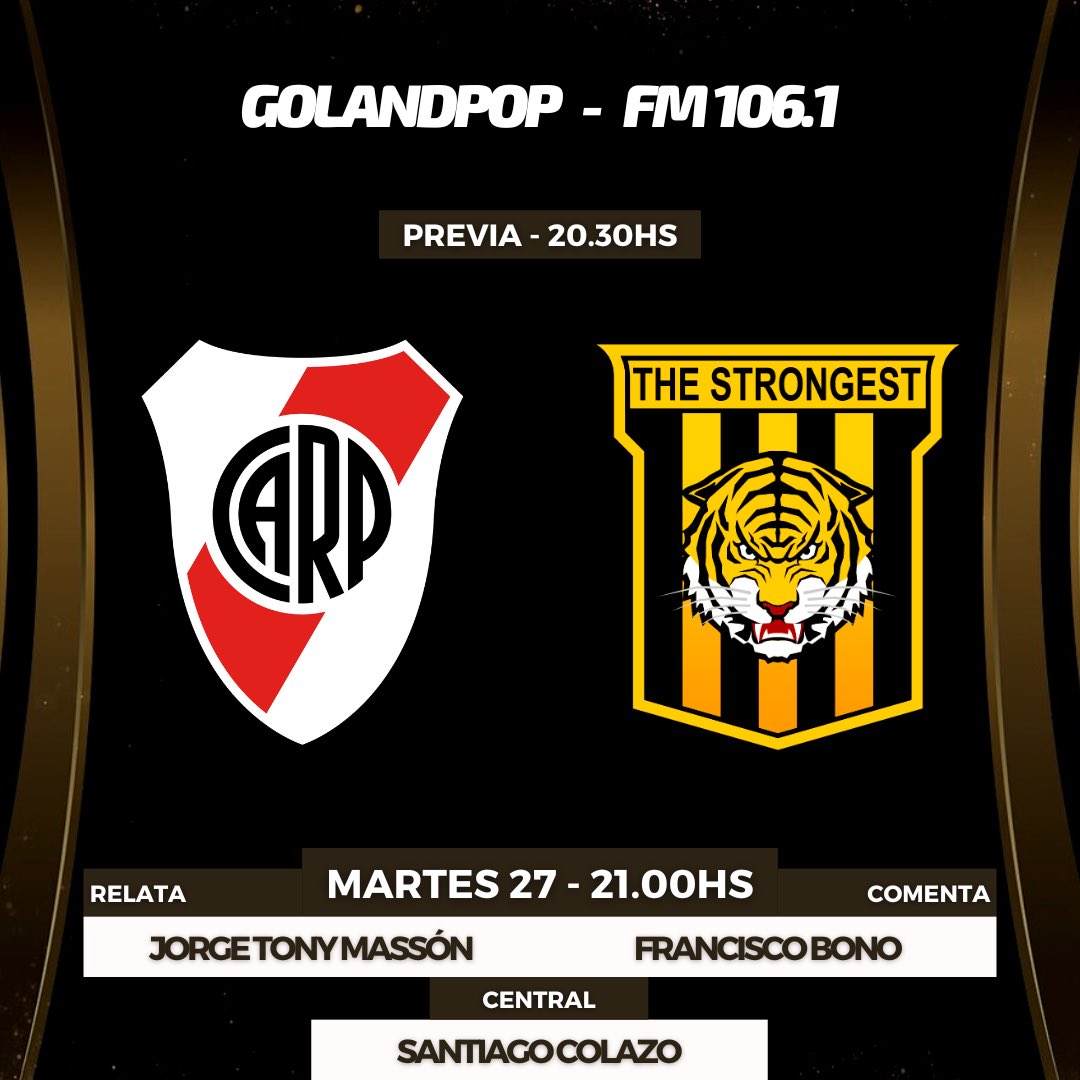 🔴⚪️ ¡EL MILLO VA POR EL BOLETO A OCTAVOS! #River recibe a #TheStrongest 🇧🇴 en el estadio Mâs Monumental por la última fecha del Grupo D de la CONMEBOL #Libertadores 

📻 Lo vivís junto a Cadena <a href="/golandpop/">GOLANDPOP 📻</a> en FM 106.1 y más de 80 radios de Argentina.