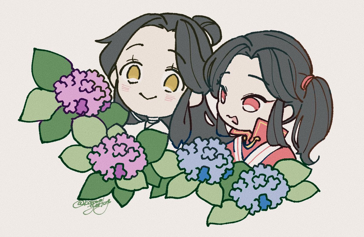 flower black hair hydrangea yellow eyes red eyes smile chibi  illustration images