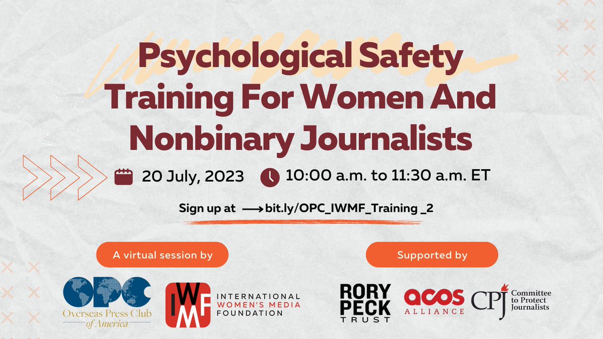 Women and nonbinary freelance writers, editors and visual producers📢 Learn how to foster psychological safety and resilience in the face of trauma in this interactive, virtual session! 

July 20, 10am ET 🗓️
RSVP at bit.ly/OPC_IWMF_Train…