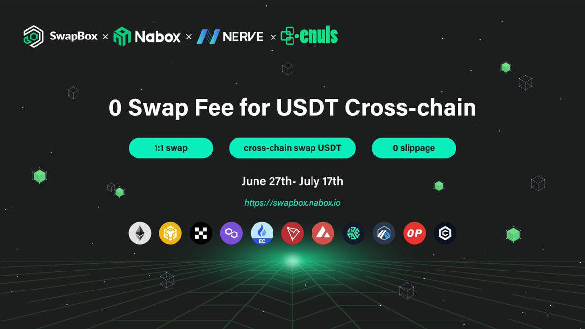 enulsid's tweet photo. 🔥We are thrilled to announce 0 fee #USDT #crosschain #swap event hosting by our partner @Naboxwallet⚡️

From June 27th to July 17th, you'll be able to easily use #SwapBox to make $USDT cross-chain swap across 11 blockchains with 0 fees!

Detail: https://t.co/gkUJvzFvgl https://t.co/o0zDynLBHw