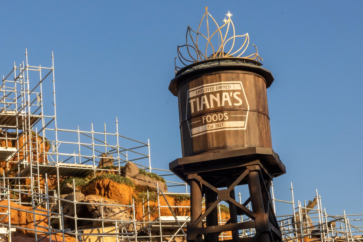 Overnight, the 'tiara-topped' Tiana's Foods water tower was installed at Tiana's Bayou Adventure at Walt Disney World. The attraction will open in 2024.