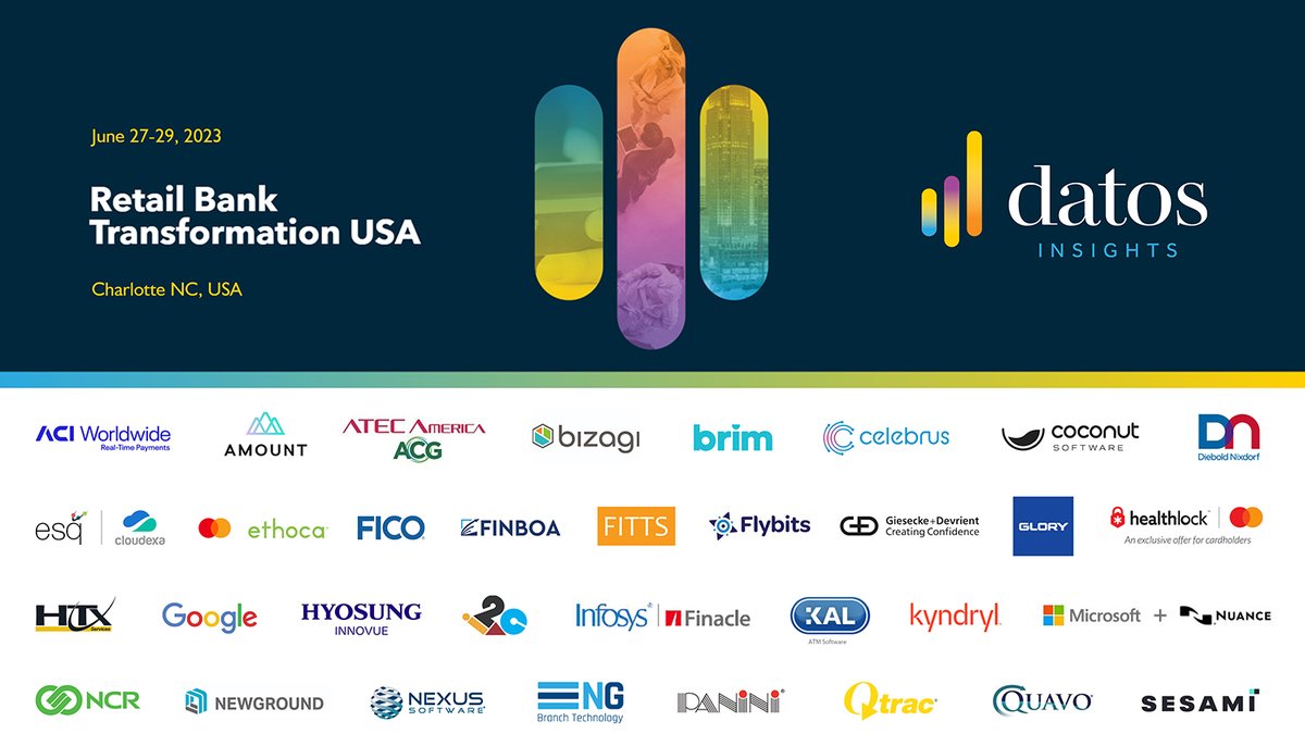 We can't wait to kick off #RBTUSA later today in Charlotte NC - @AiteNovarica and RBR's first conference under our new Datos Insights brand. Big shout out to all of our sponsors and exhibitors for supporting the event! datos-insights.com #banking #payments #innovation