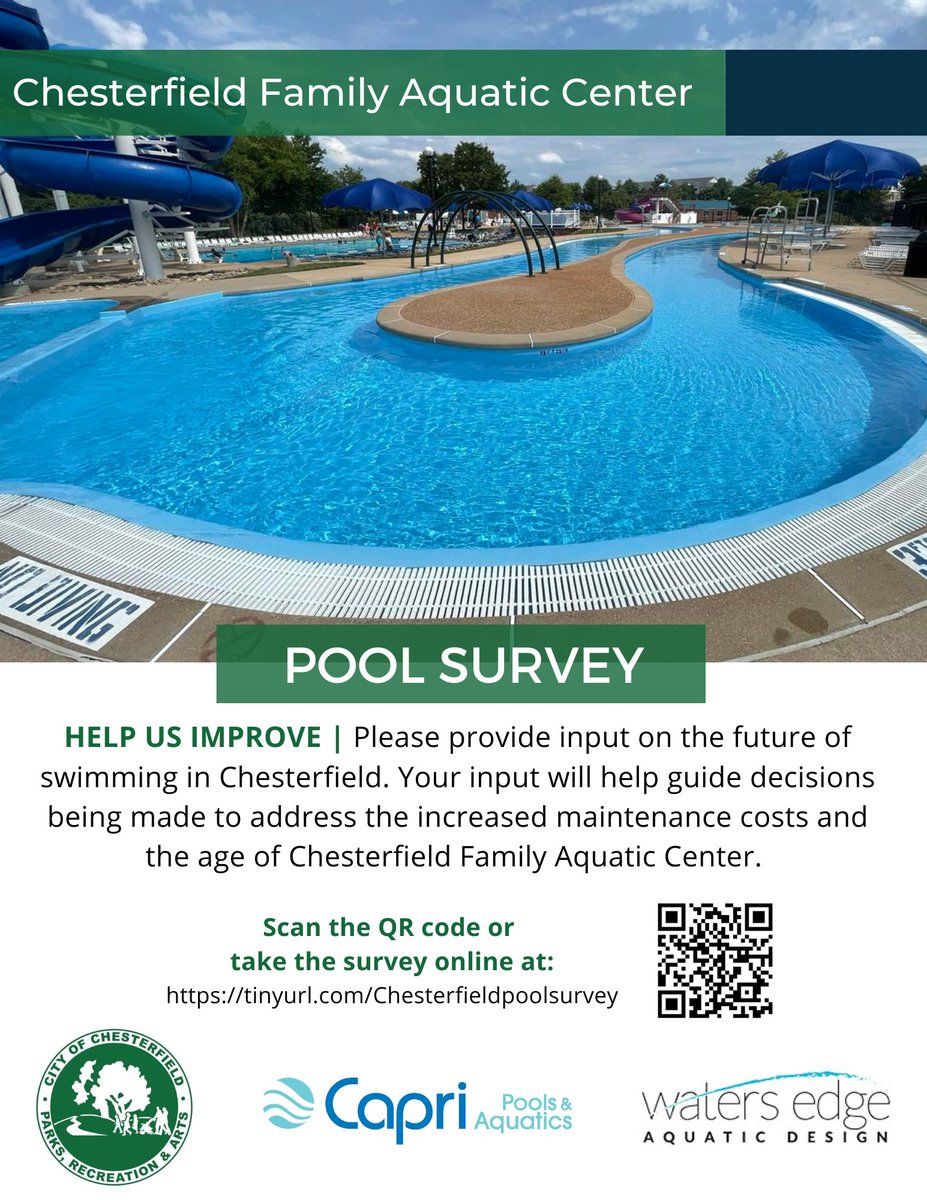 We need your opinions! Have you visited the Chesterfield Family Aquatic Center? Let us know what you think of the Aquatic Center by taking our survey at tinyurl.com/Chesterfieldpo… or scanning the QR code.
Make sure you complete the form before it closes August 1.