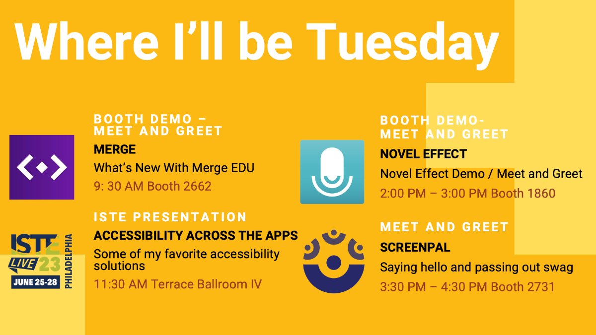 Good Tuesday morning #ISTELive ! My schedule today. ISTE Session Accessility Across the Apps 11:30 bit.ly/3o5lKiE booth demos / hellos with @MergeVR @Novel_Effect and @screenpalapp Spike has lots of Lanyards / swag for including wipes from @iclothaviation Booth 2662