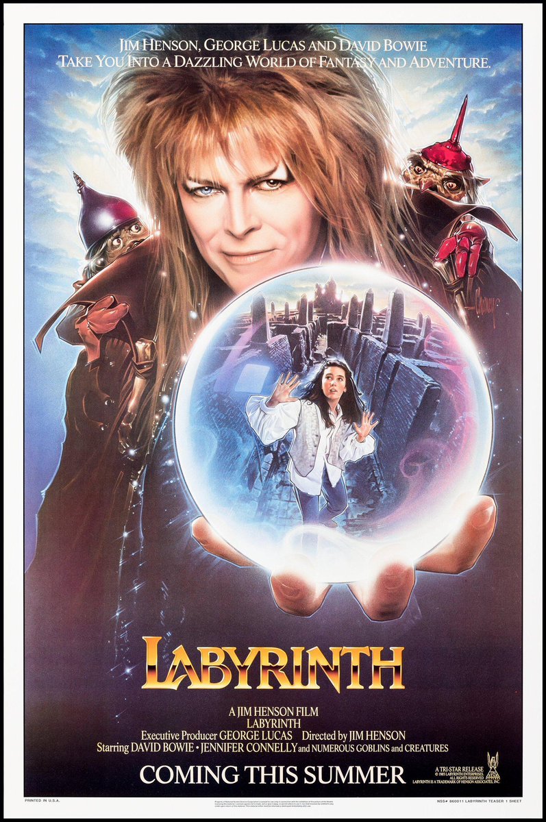 Released #OTD in 1986 in the U.S.: director Jim Henson’s Labyrinth, starring David Bowie, Jennifer Connelly, and “numerous goblins and creatures,” according to the original poster. #DavidBowie #GeorgeLucas #JimHenson #Labyrinth #JenniferConnelly