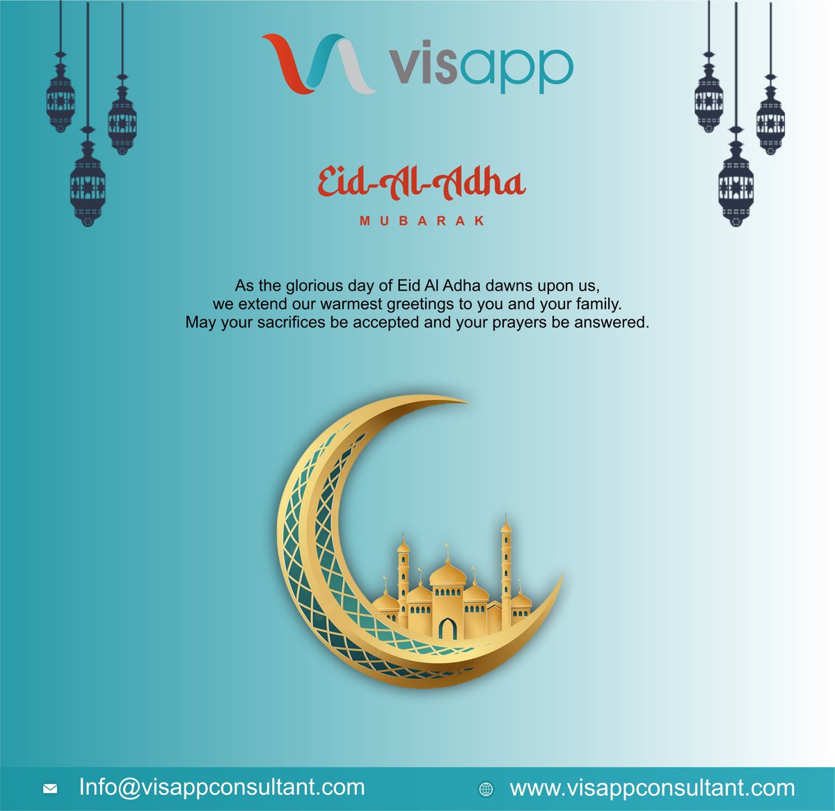 On this joyous occasion of Eid Al Adha, Visapp Consultants extends warm wishes of love, peace, and prosperity to you and your family. 

#EidAlAdha #EidMubarak #FestivalofSacrifice #Blessings #Joy #Peace #Prosperity #Unity #Compassion #Sharing #ImmigrationConsultants