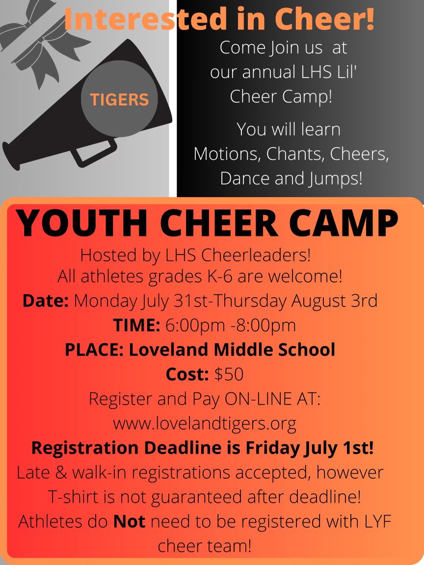 LHS_tiger_cheer's tweet photo. Register by JULY 1 to guarantee your T-shirt size! Hope to see you there 🤍🐾🧡 @LovelandTigerAD @LovelandTigers @LABTigers @lovelandmagazin https://t.co/8NfFp5WbWY