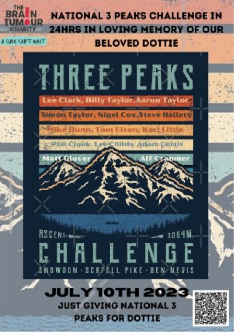 𝗔𝗮𝗿𝗼𝗻’𝘀 𝗧𝗵𝗿𝗲𝗲 𝗣𝗲𝗮𝗸 𝗖𝗵𝗮𝗹𝗹𝗲𝗻𝗴𝗲 🏔️ 

Our captain Aaron Taylor will be climbing Snowden, Scafell Pike and Ben Nevis in 24 hours to raise money for the Brain Tumour Charity in memory of his grandmother Dottie.

➡️ justgiving.com/page/lee-clark…