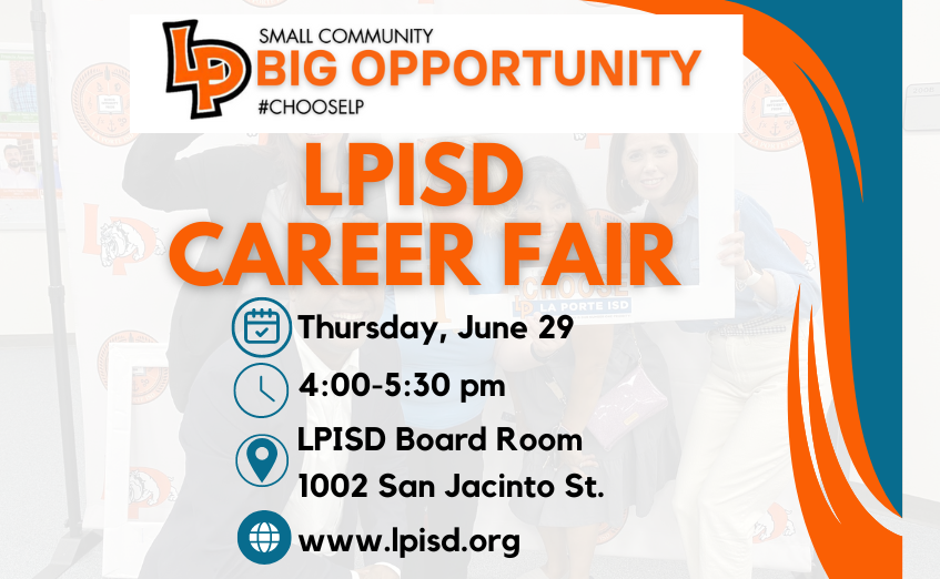 lpisd's tweet image. We're hiring! Come see us this Thursday and find out why more parents and staff choose La Porte ISD! Pre-register here: tinyurl.com/55nmxt8k #ChooseLP
