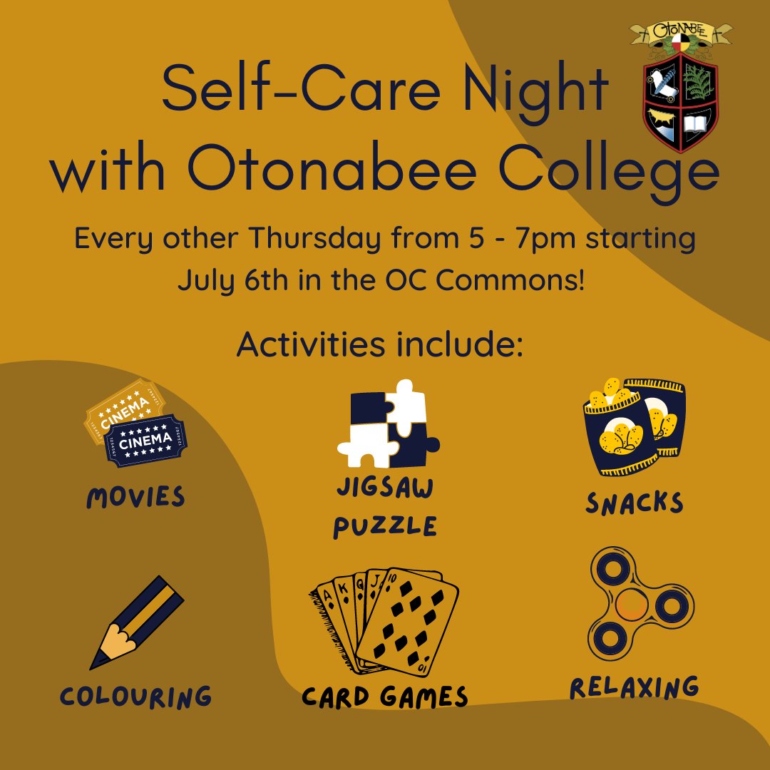 Join the Otonabee College Office for a night of relaxation and fun! The OC Office will be hosting a bi-weekly self-care night starting on Thursday, July 6th from 5-7pm! A variety of activities will be at your disposal and there will be snacks. #OC #otonabee