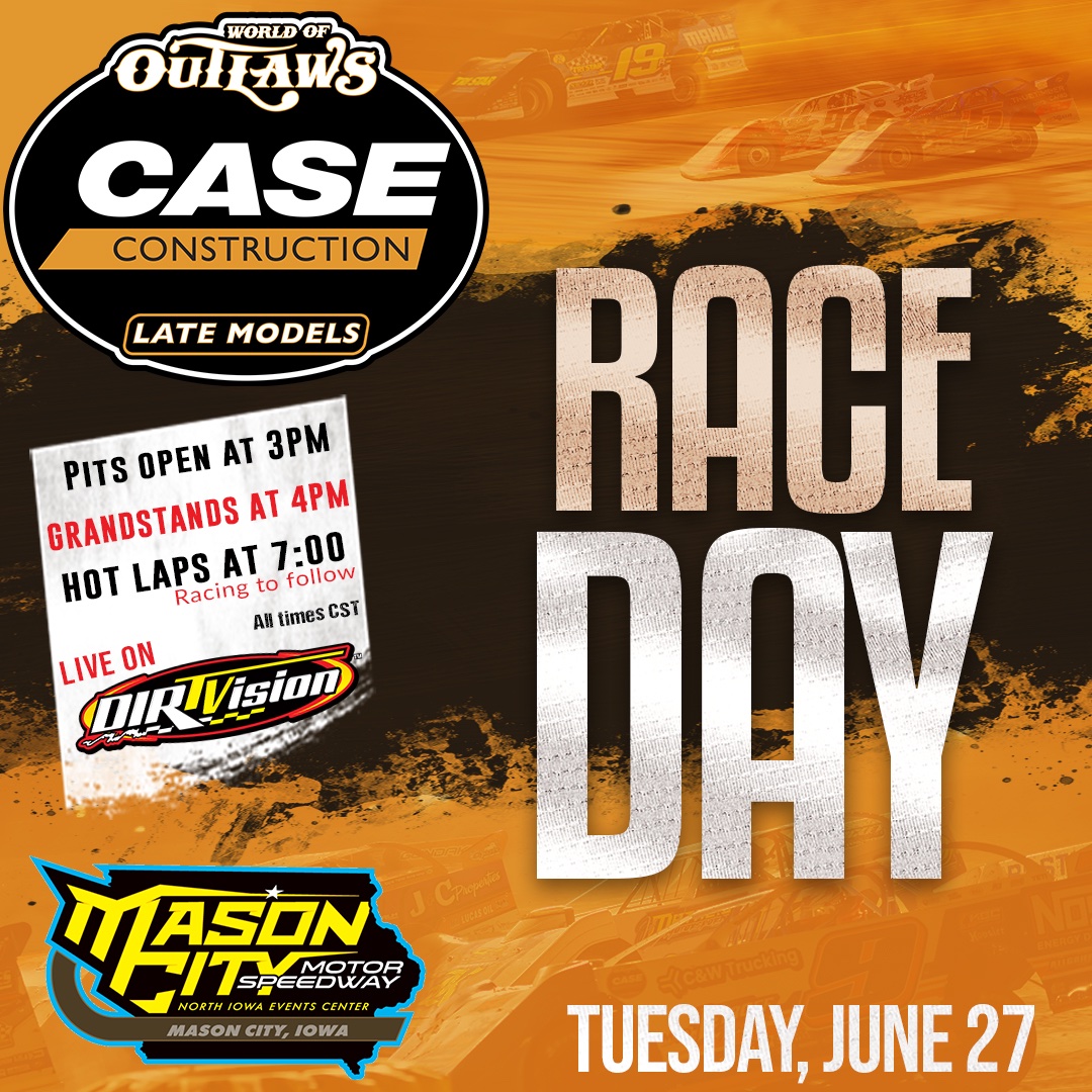 WoOLateModels's tweet image. 𝙍𝘼𝘾𝙀 𝘿𝘼𝙔!

A Tuesday night in the Hawkeye State awaits the World of Outlaws @CaseCE Late Models as they visit Mason City Motor Speedway! #DirtWork

📍: Mason City, IA
🎟: Sold at the gate
📺: @dirtvision 
⏰: @MyRacePass