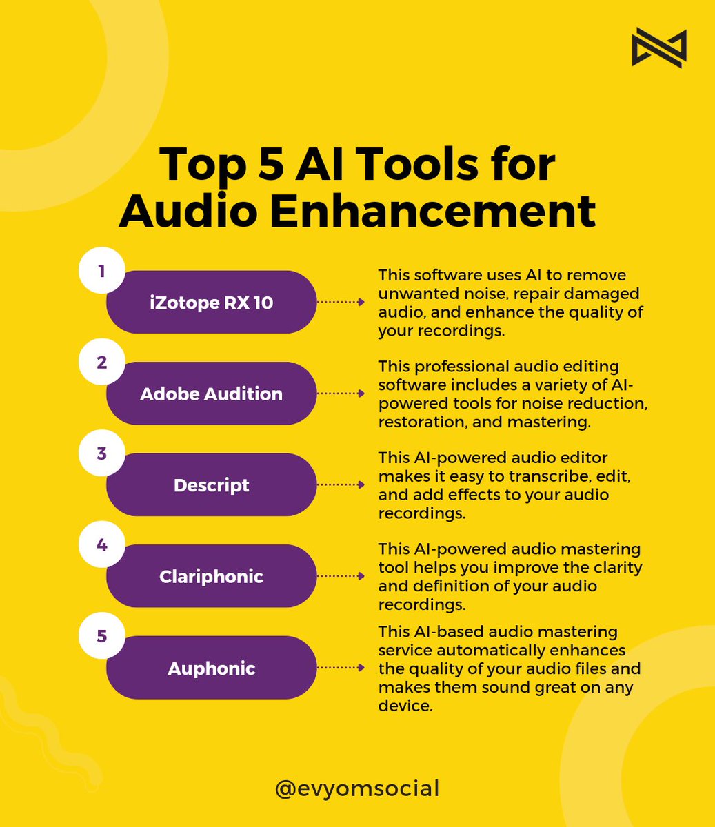 There are several AI tools available for audio processing and enhancement. Here are some of the best ones!
-
Follow for more posts like this!
.
.
.
.
.
.
#AIToolsEnhancement #EnhancedAItools #AIadvancements #AIempowerment #NextGenAItools #AIenhancements #AIboost #CuttingEdgeAI