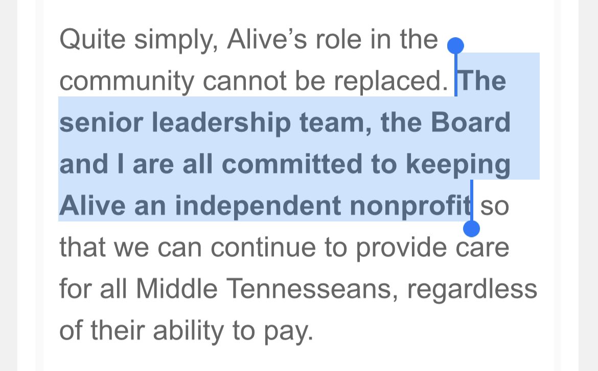 KeepAliveAlive's tweet photo. From @AliveHospice’s eblast introducing Interim CEO Joe Hampe. We’re glad to hear this. We’d feel even better if Board Chair Vicki Estrin, Past Chair Beth Workman, & Secretary Jeff Landman step down. We can’t risk having Alive for sale to the highest bidder again. #KeepAliveAlive https://t.co/dY37qw5HCP