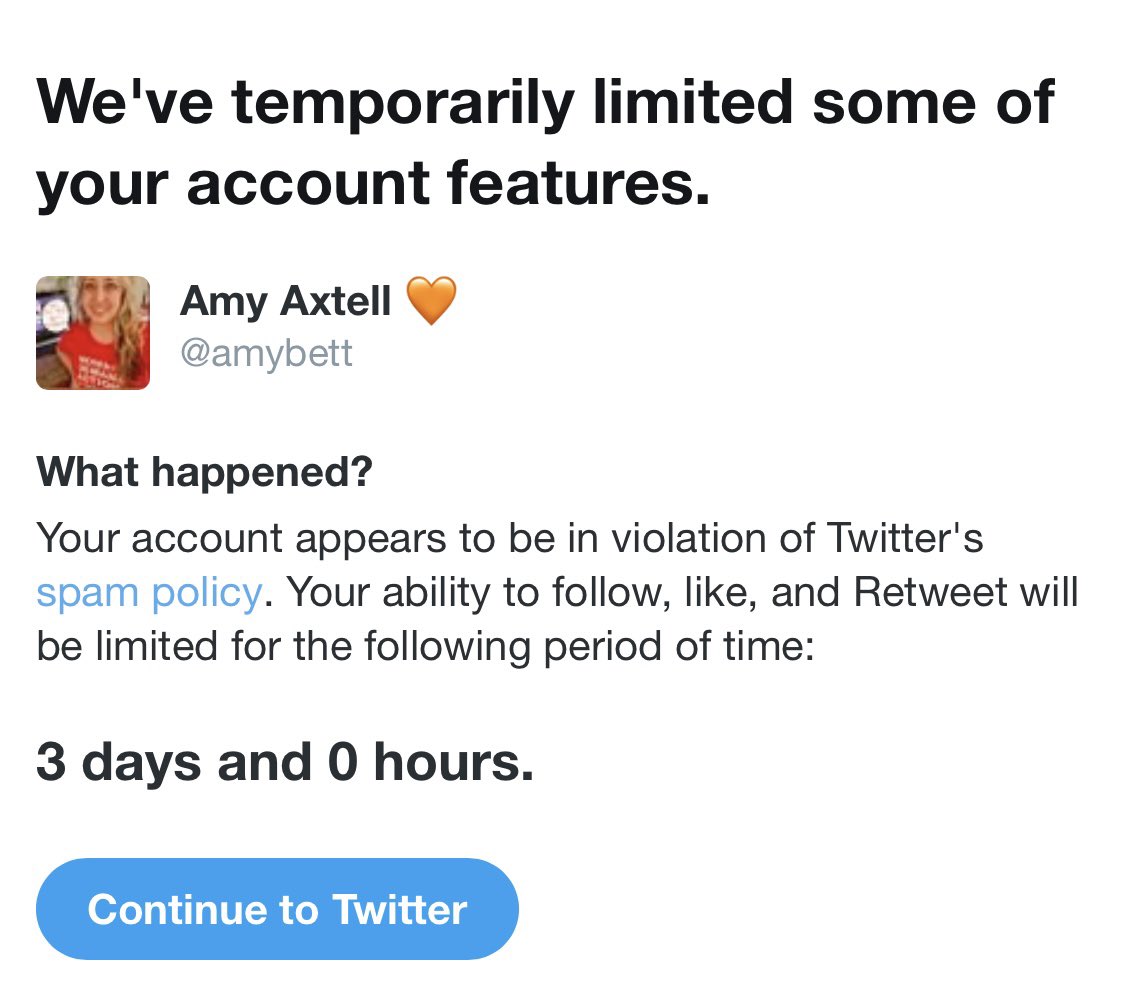 amybett's tweet photo. Who else get this same spam violation notification this morning?
I read through the spam policy and don’t think I’ve violated it at all.
Only my likes appear to be limited rn. https://t.co/ZlbxQBwxQ9