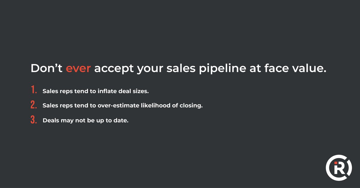IRC_Sales's tweet photo. Want to boost your sales revenue? Keep a close eye on your sales pipeline! It provides a clear overview of your current deals and their status, including which deals each rep is working on, progress towards closing, the forecasted revenue of potential deals, and more.

But, **don't ever accept your sales pipeline at face value.** Sales reps tend to inflate deal sizes, over-estimate the chances of deals closing, and keep outdated information in the pipeline.

This is where regular pipeline review meetings with your reps come in handy. By discussing it regularly, you not only understand the forecasts better, but you can hold reps accountable and collaborate on strategies for closing deals.

Remember, two heads are better than one! 👥