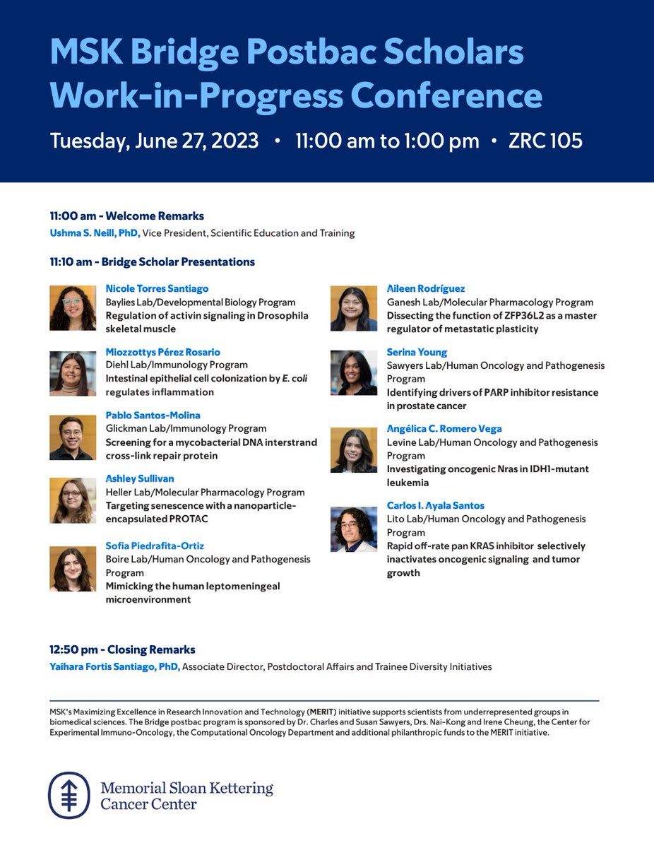 MSK ScienceEducation (@mskeducation) on Twitter photo TODAY @ 11am: we are thrilled to host the very 1st Work in Progress Conference for our #MSKBridge postbac scholars. <a href="/MSKCancerCenter/">Memorial Sloan Kettering Cancer Center</a> community, join us to support the scholars and learn about the phenomenal research they are doing. TODAY @ 11am: we are thrilled to host the very 1st Work in Progress Conference for our #MSKBridge postbac scholars. <a href="/MSKCancerCenter/">Memorial Sloan Kettering Cancer Center</a> community, join us to support the scholars and learn about the phenomenal research they are doing.
