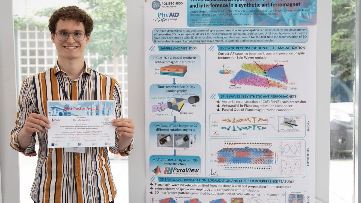 Awesome job Davide Girardi, Valerio Levati and Matteo Vitali!! They presented their work on 3D magnonics and magnetic nanopatterning of YIG at the Italian School of Magnetism. And <a href="/dvdgirardi/">Davide Girardi</a> won best poster prize!!👏👏<a href="/PhyndLab/">PhyndLab</a>