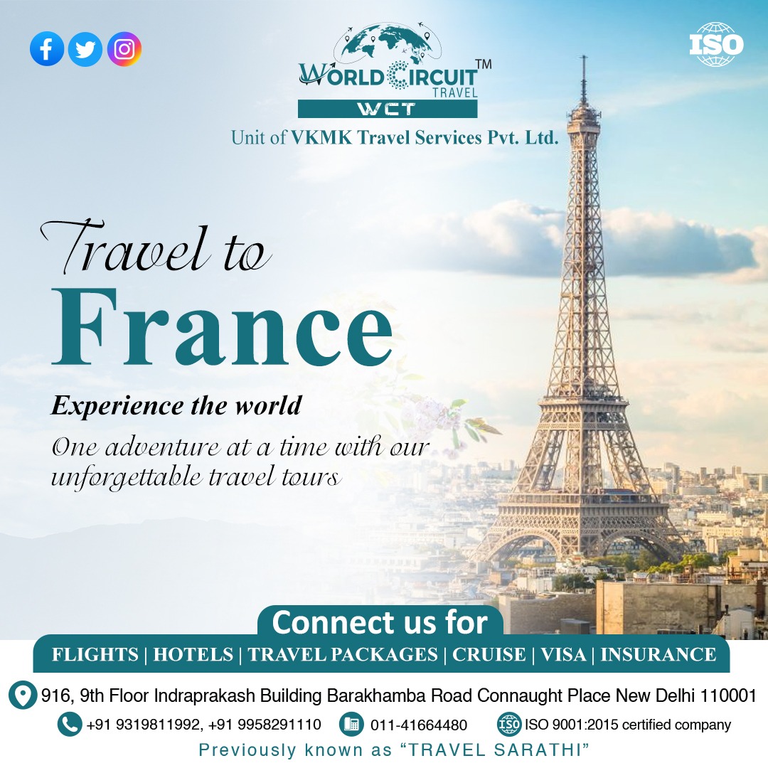 Embark on a French escapade with World Circuit Travel. Immerse yourself in the art, culture, and culinary delights of France. 

𝐁𝐨𝐨𝐤 𝐘𝐨𝐮𝐫 𝐃𝐫𝐞𝐚𝐦 𝐓𝐫𝐢𝐩 𝐓𝐨𝐝𝐚𝐲!
📞Contact us: 9319811992, +91 9958291110

#travel #tourism #france #paris #francetrip #visitfrance