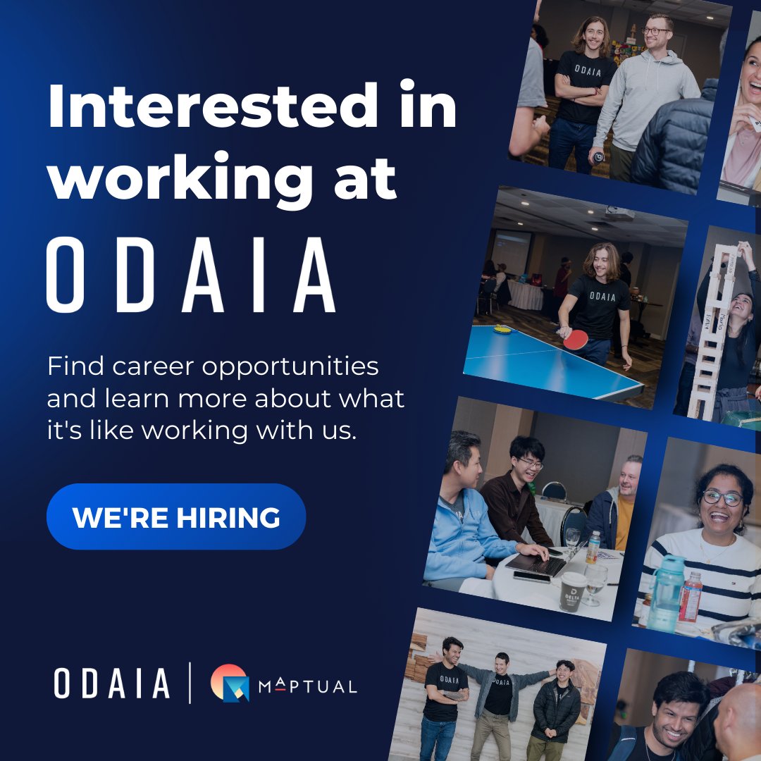 Join our #team! 🤝

We're growing fast here at #ODAIA, and we know that #teamwork and collaboration are key to our #success. 

Check out our current #jobopenings: odaia.ai/careers

#hiring #career #techjobs #opportunities #MAPTUAL