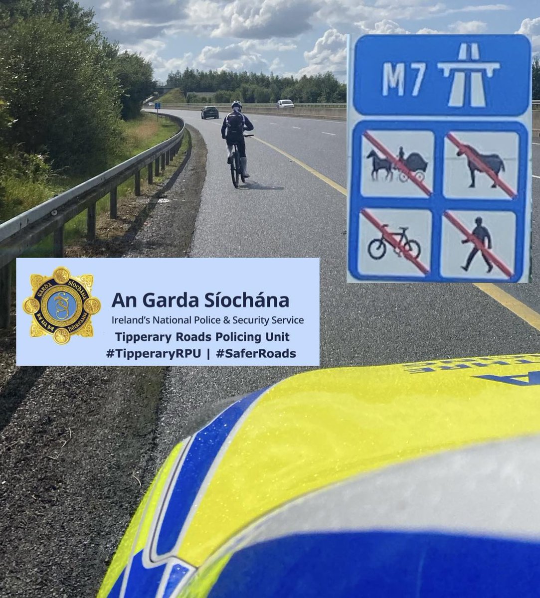 GardaTraffic's tweet image. ⚠️ Don't grind our gears!

Tipp Roads Policing Unit came across this cyclist making their way westbound in the hard shoulder on the M7.   

It is against the law to cycle on a motorway.

The cyclist was picked up and prosecution will now follow.

#SaferRoads