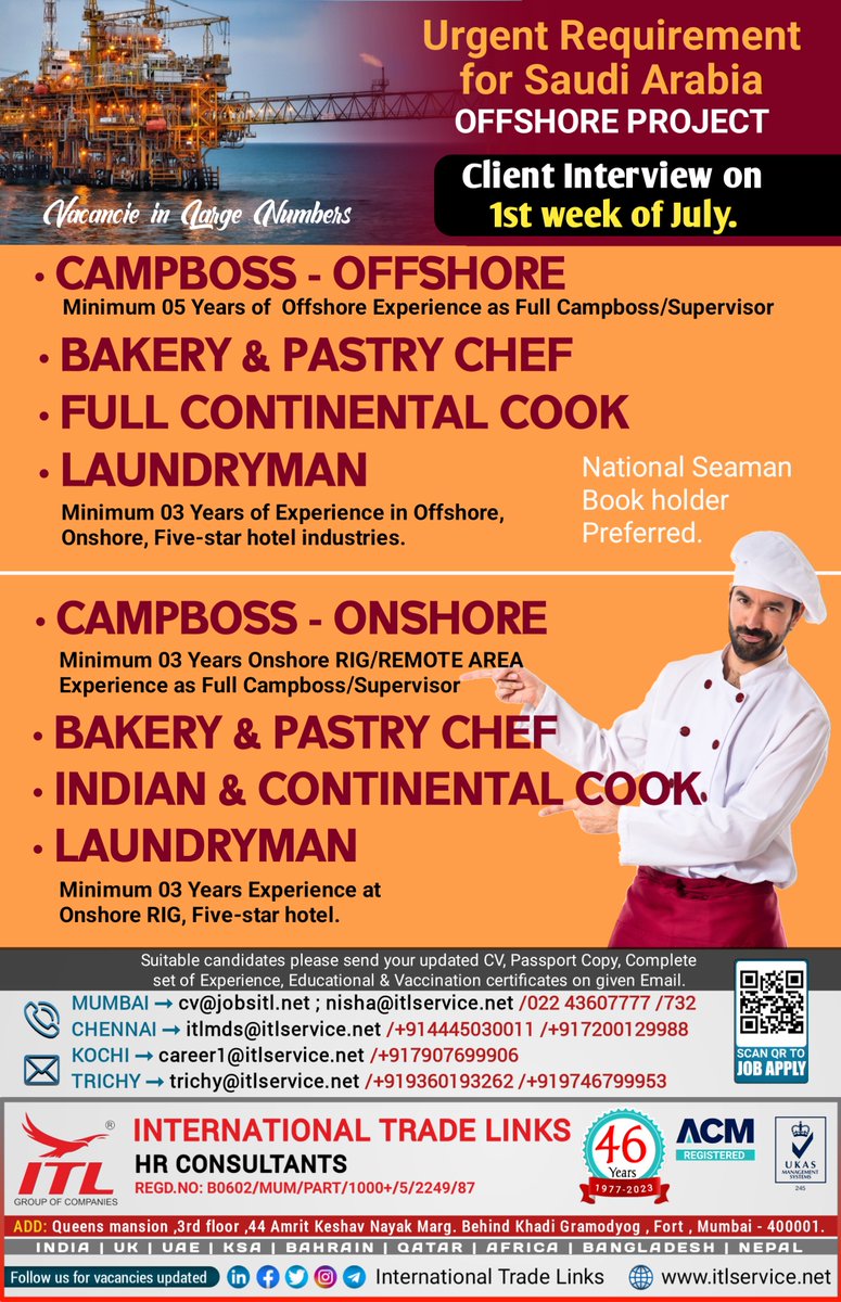ItlJobs's tweet photo. JOB VACANCY FOR #saudiarabia
Interested candidates, please send your updated CV on given emails
Learn more : https://t.co/L5a1jS36cU
ITL H.O Location : https://t.co/EUEGpvplAT
#rig #offshore #offshorecook #foodindustry #nightcook #roomboy #bakery #campboss #cook #laundryman https://t.co/1UMgS8dRw8